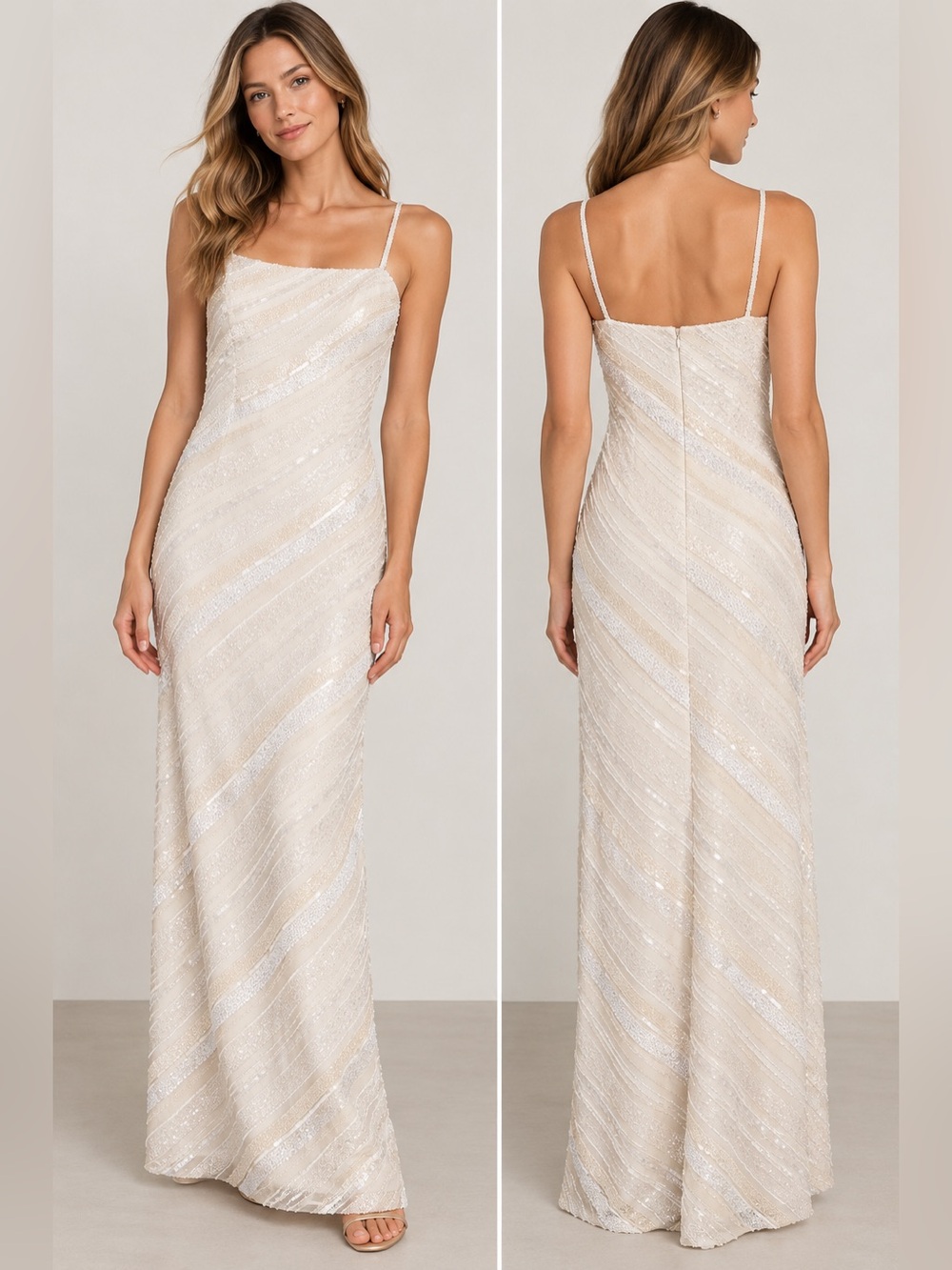 Vintage Scala 100% Silk Beaded Maxi Slip Dress Large Ivory Evening Gown Wedding